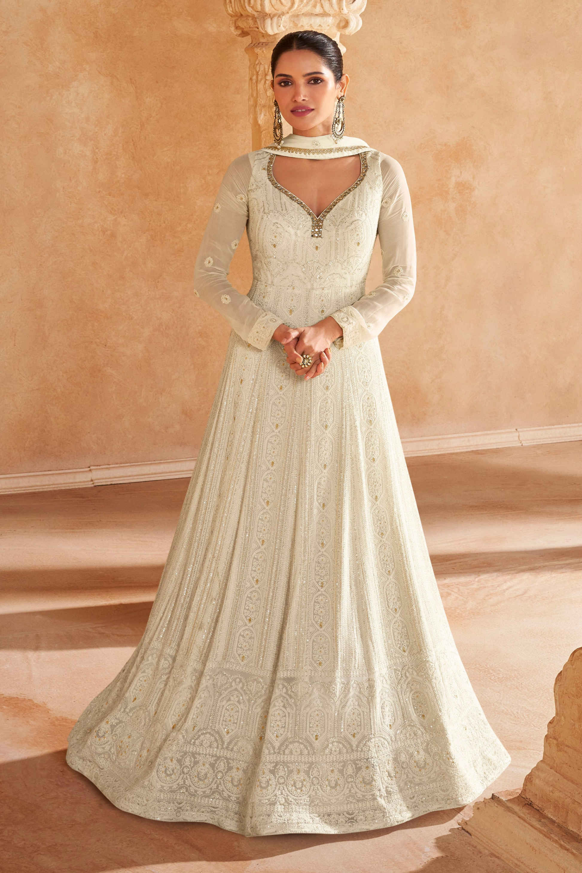 White Anarkali Gown Real Georgettle For Wedding & Party Wear Bollywood Style