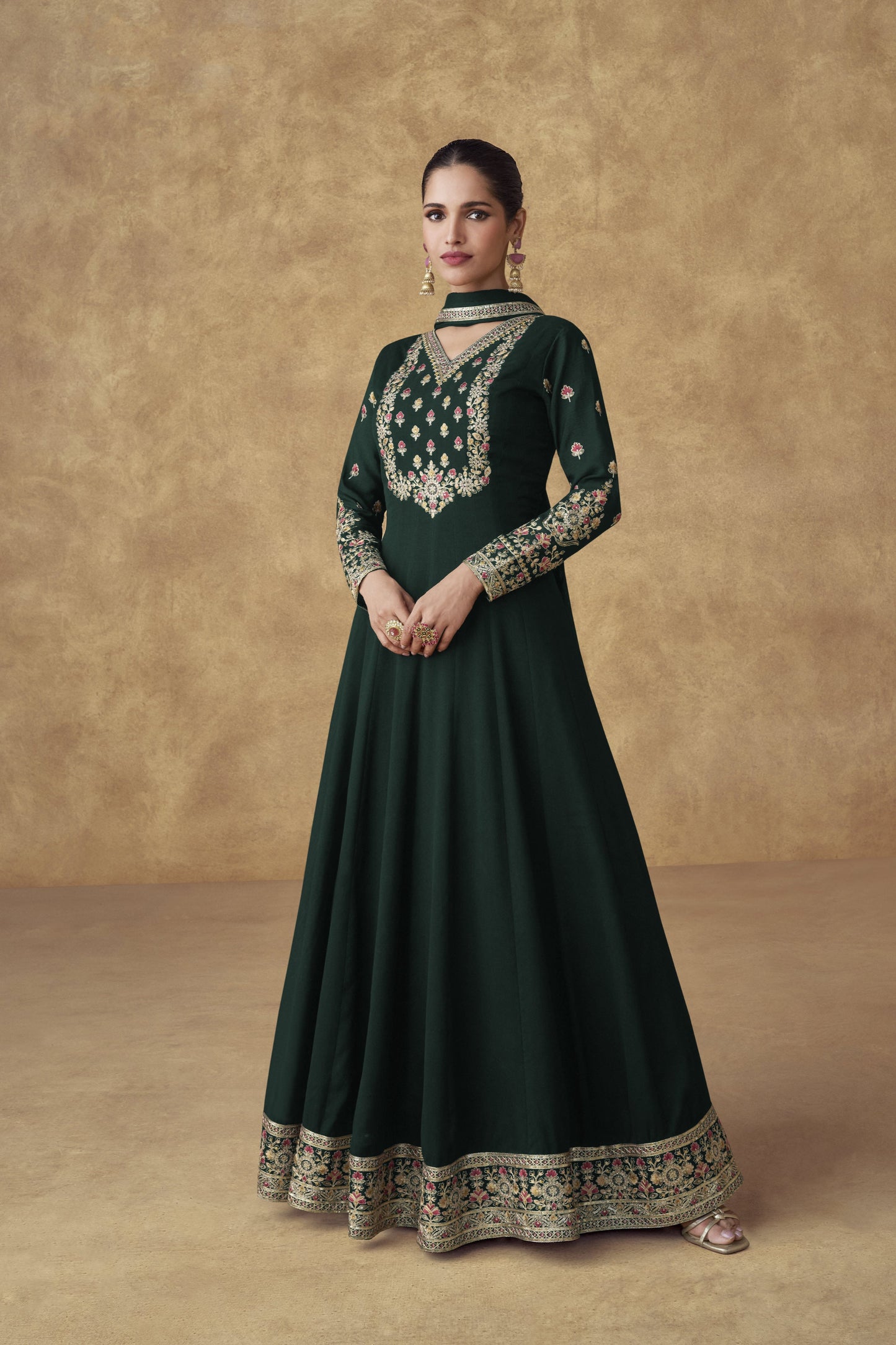 Dark Green Anarkali Gown With Sequin Embroidery For Wedding Reception - Ready To Wear Indian Ethnic Dress For Women USA