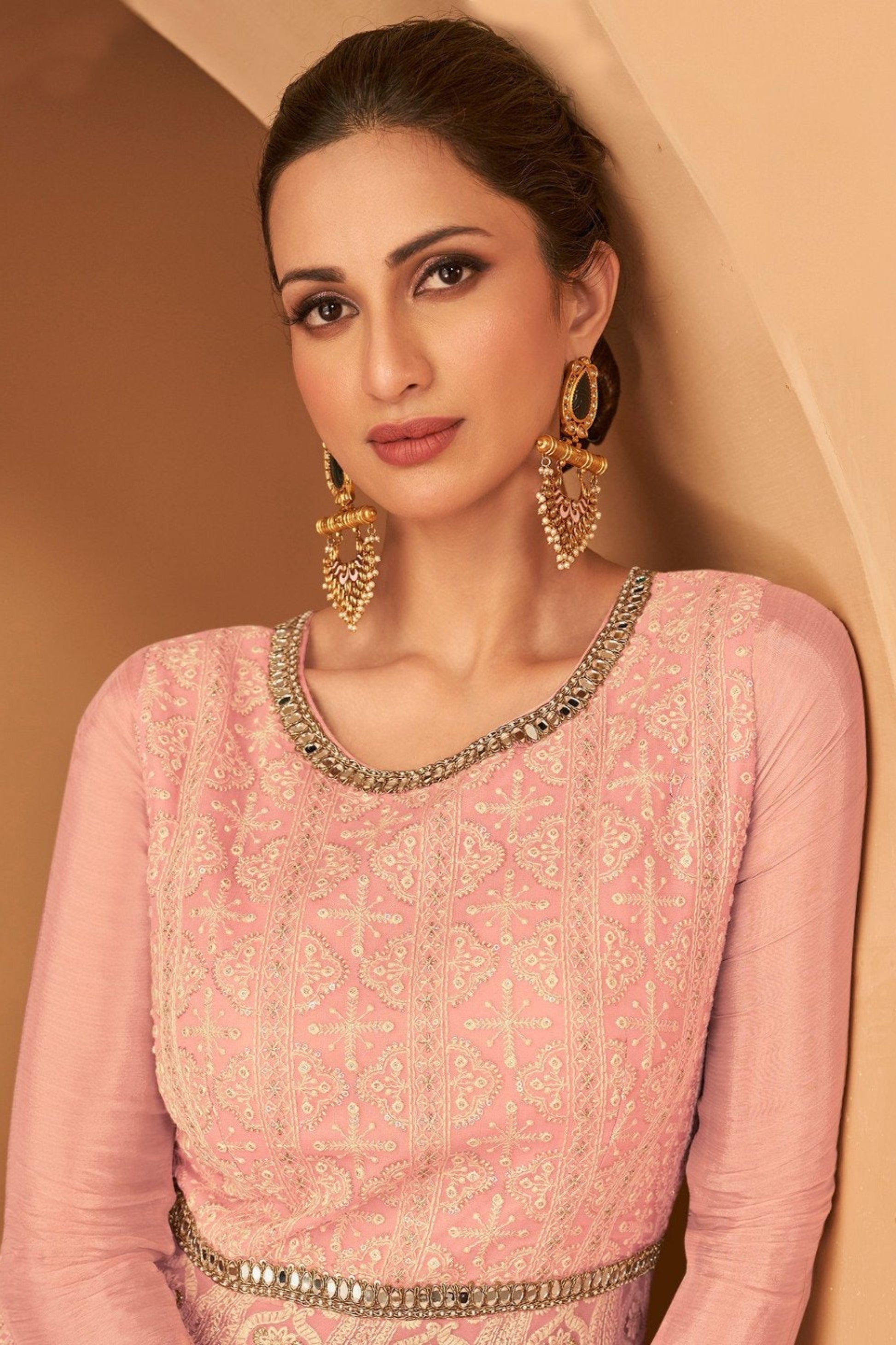 Peach Anarkali Gown With Net Dupatta For Wedding Reception Party Wear