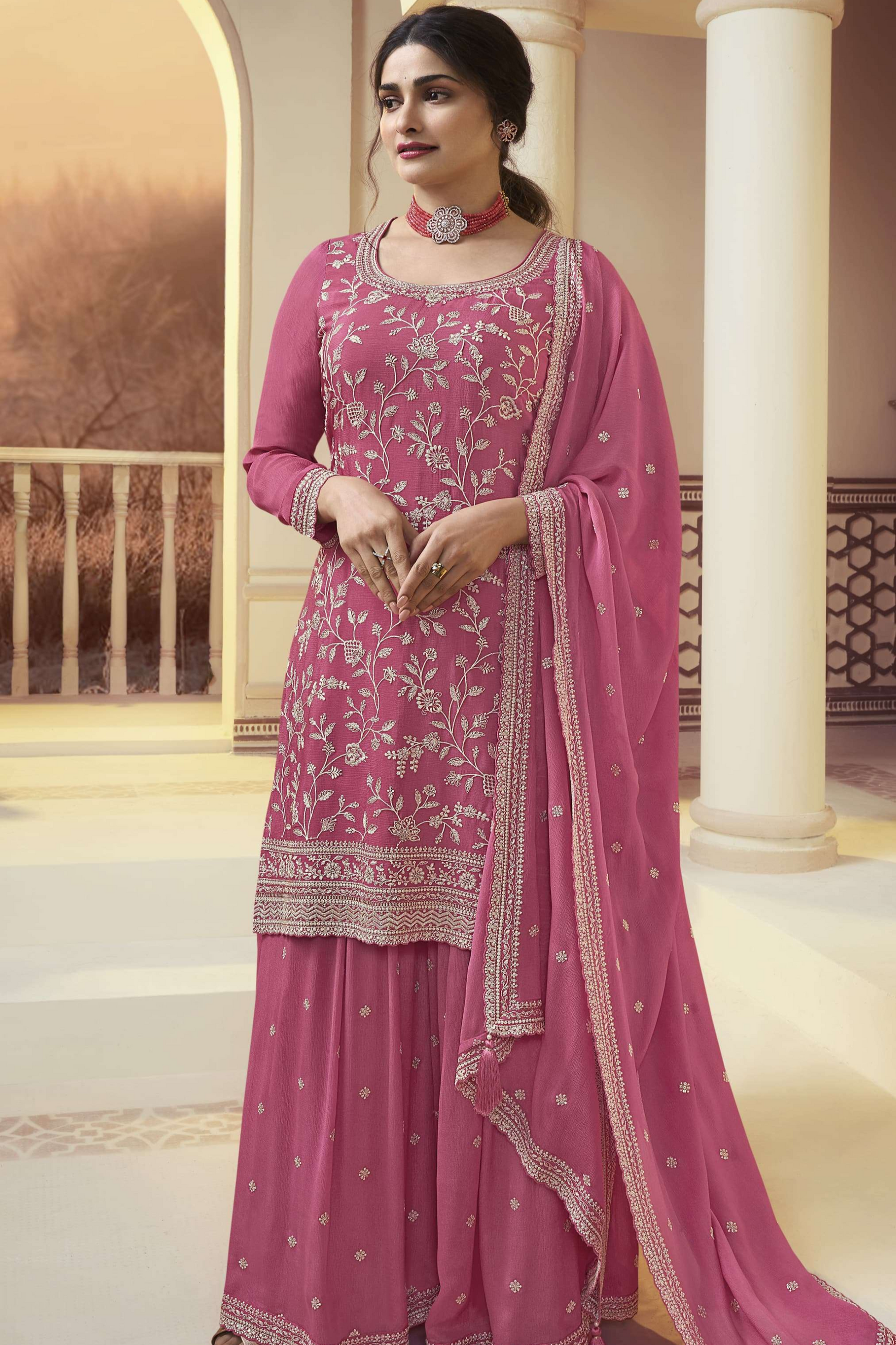 Indian Pakistani Stylish Chinon Silk Embroidery Sharara Salwar Kameez Suits 