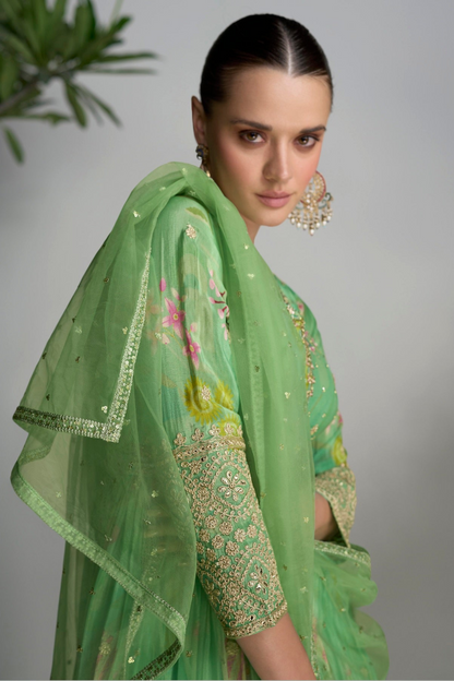 Reception Wear Stylish Stitched Long Chinon Silk Anarkali Dupatta Gown Suits 