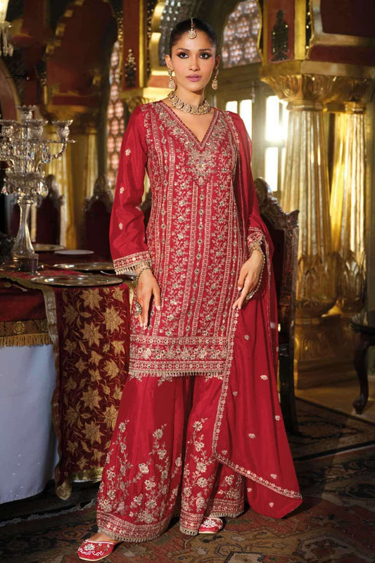 Red Embroidered Pakistani Sharara Suit With Heavy Chinon Fabric For Weddings