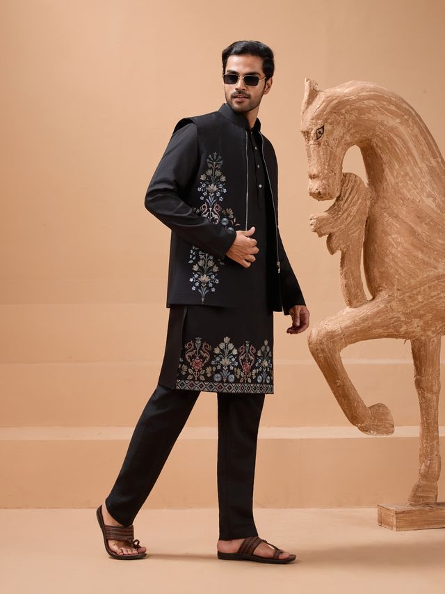 Black Embroidered Wedding Kurta 