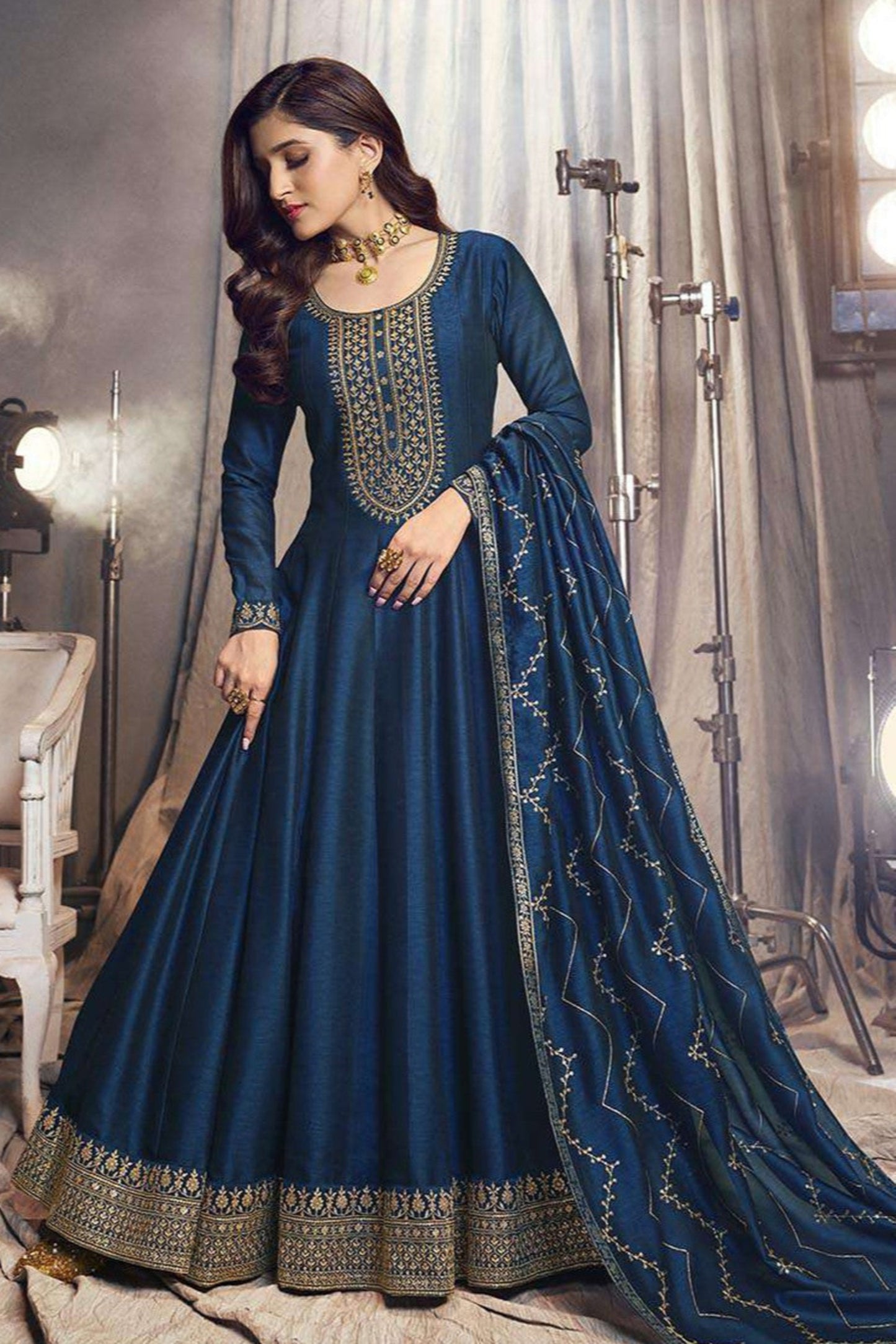 Navy Blue Anarkali Gown With Heavy Embroidery Dupatta For Indian Weddings USA
