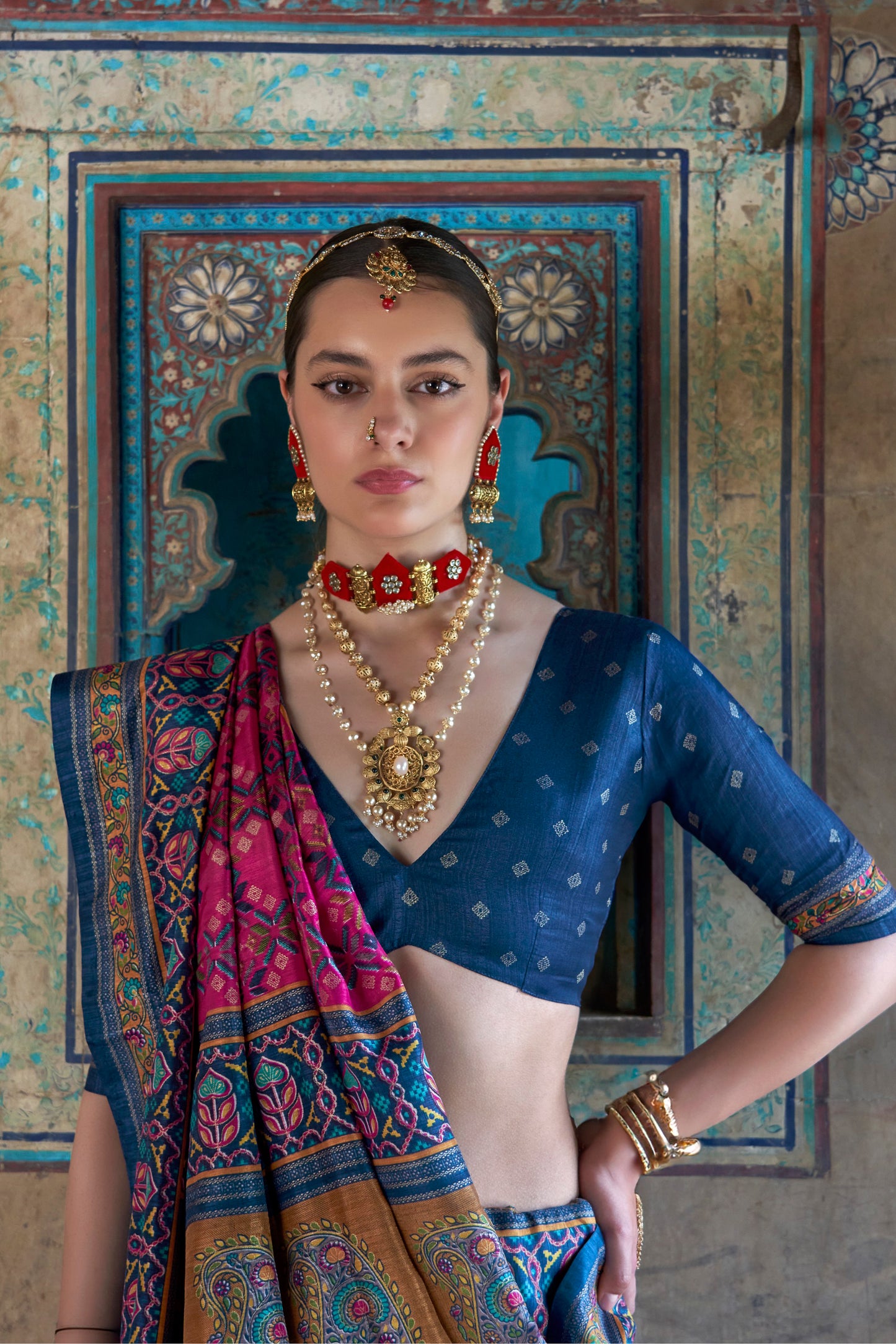 Pink Silk Blouse With Handwork Embroidery Paired With Grey Wedding Saree