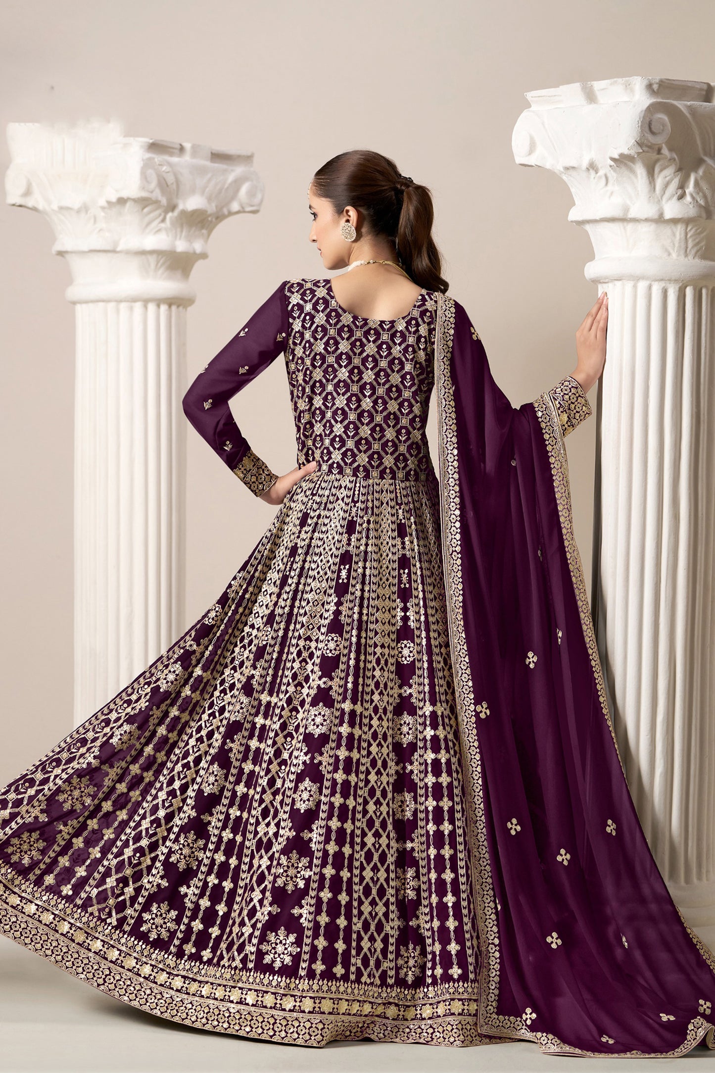 Elegant Wine Colored Anarkali Dress With Faux Georgette Fabric - Detailed Embroidery Work