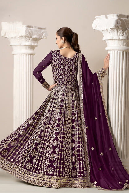 Elegant Wine Colored Anarkali Dress With Faux Georgette Fabric - Detailed Embroidery Work