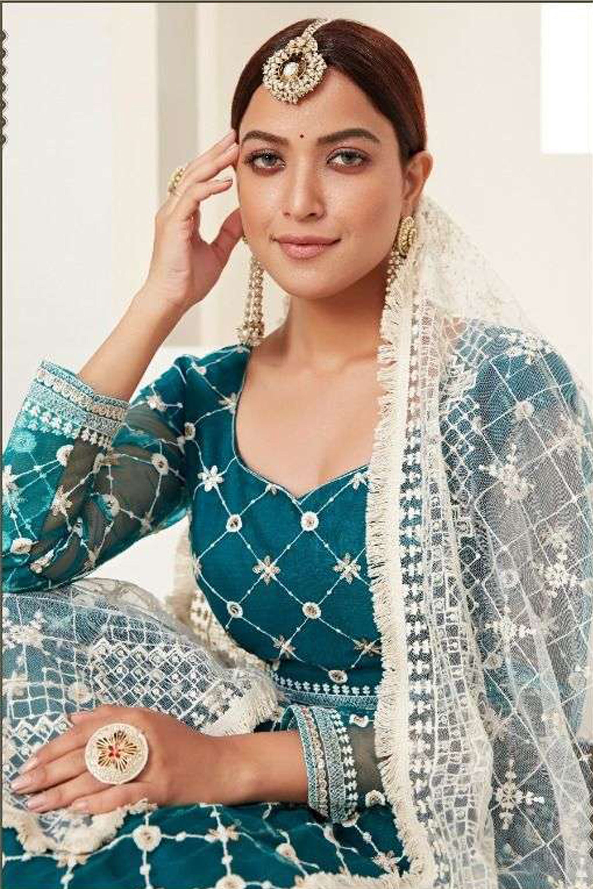 Embroidered Net Lehenga Choli Dupatta Set - Traditional Indian Reception Wear