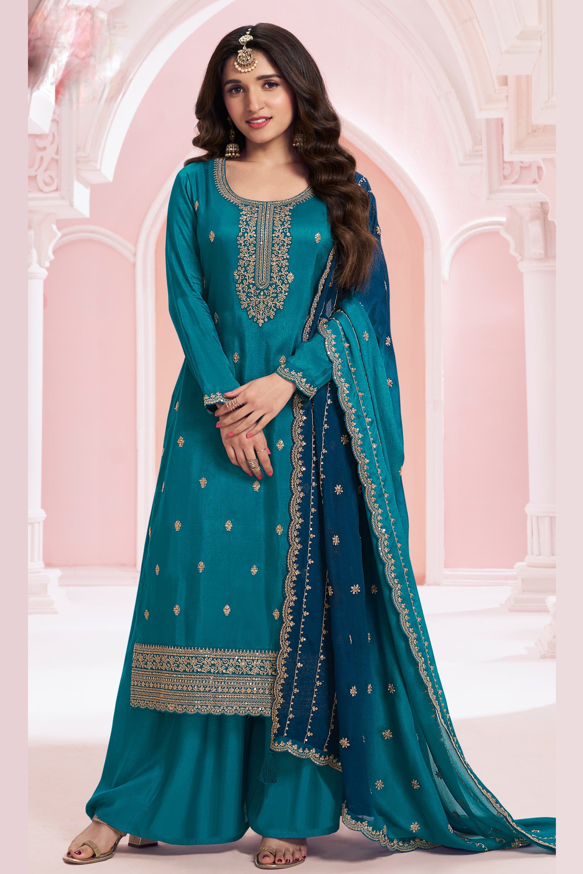 Teal Embroidered Palazzo Dress with Dupatta for Wedding Reception