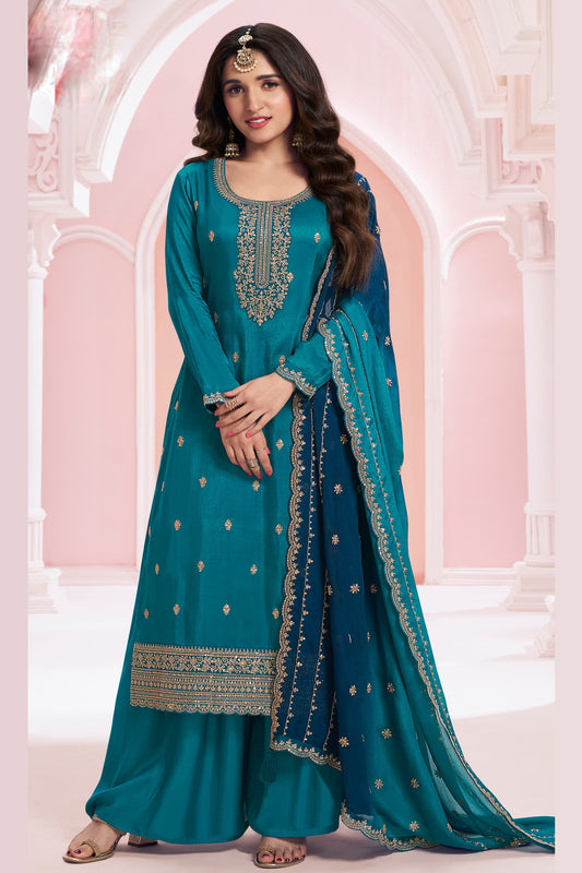 Teal Embroidered Palazzo Dress with Dupatta for Wedding Reception