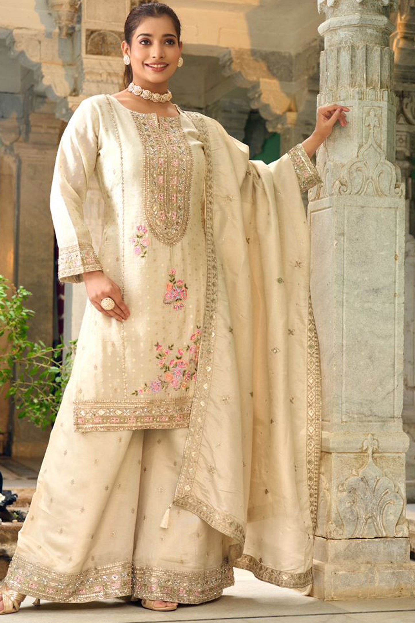Cream Embroidered Shalwar Kameez Palazzo Suit for Weddings - Pakistani Bridal Wear