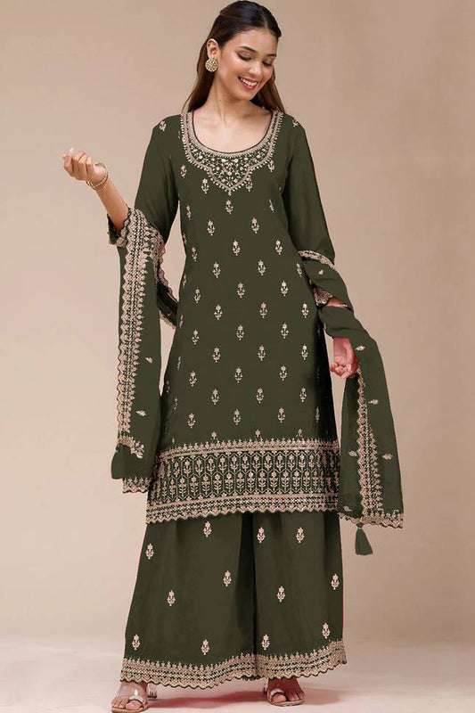 Dark Green Embroidered Palazzo Salwar Kameez Suit With Dupatta For Weddings - Front View