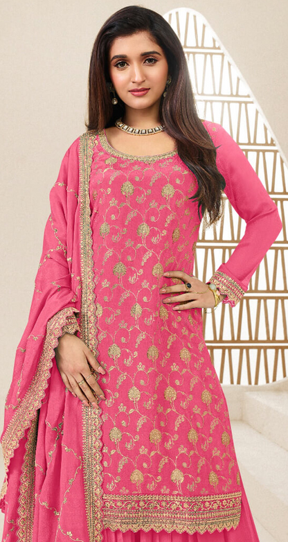 Close-Up of Heavy Embroidery Work And Sequin Detailing On Pink Palazzo Suit Dupatta