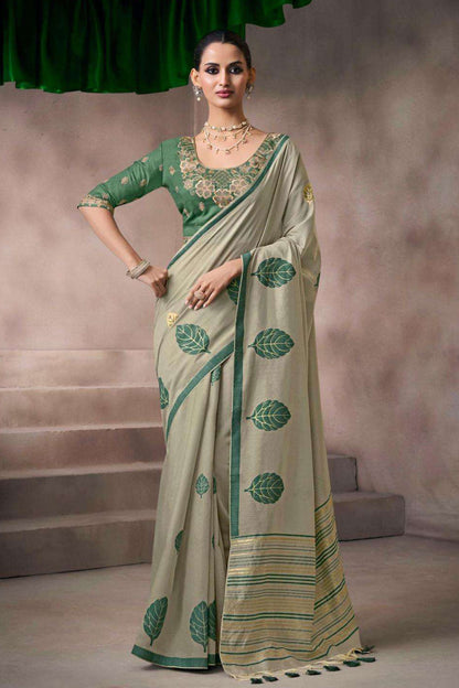 Green Embroidered Saree With Cyan Silk Blouse For Weddings - Seyuri Designer Collection