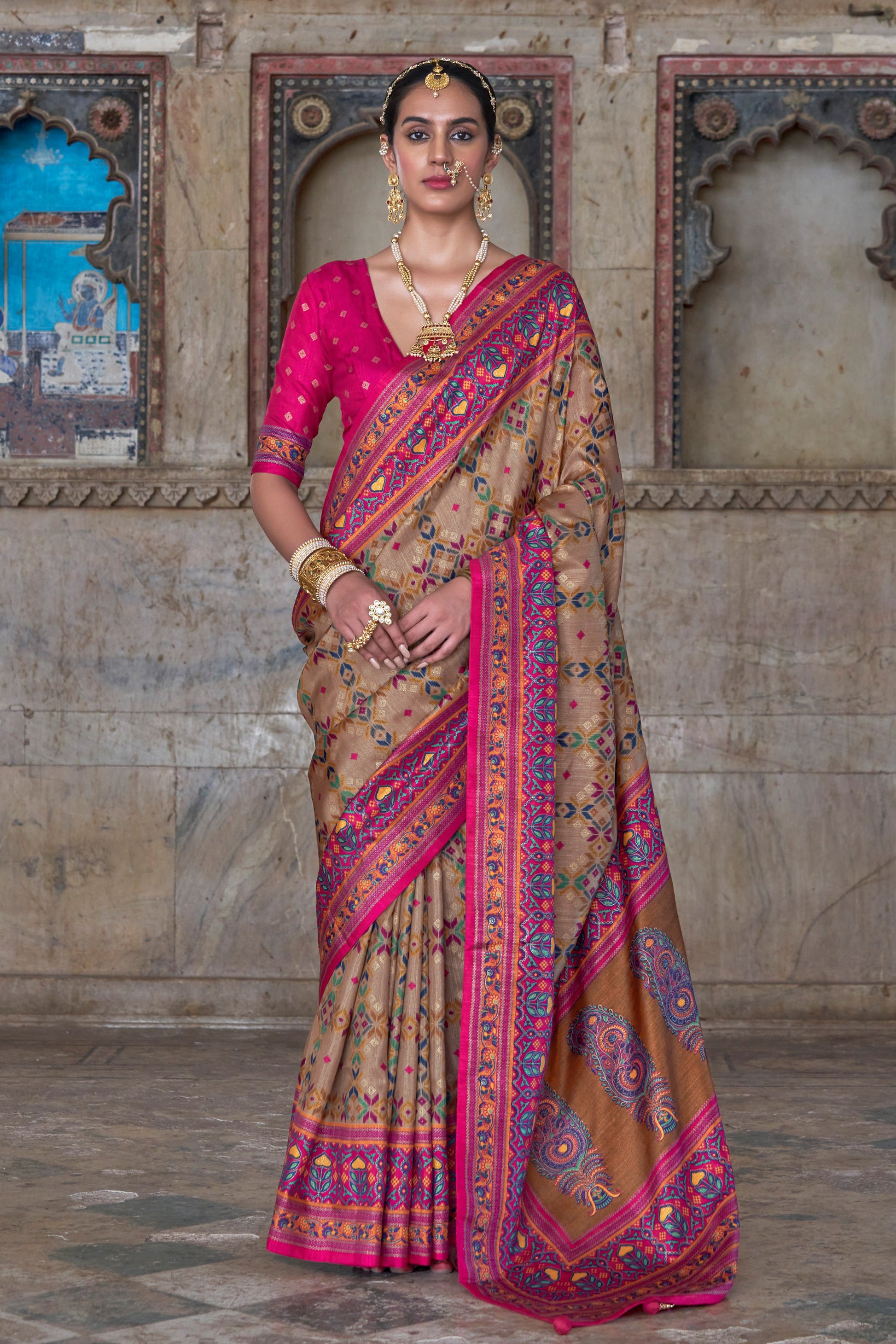 Cream Satin Organza Wedding Saree With Embroidered Blouse - Front View