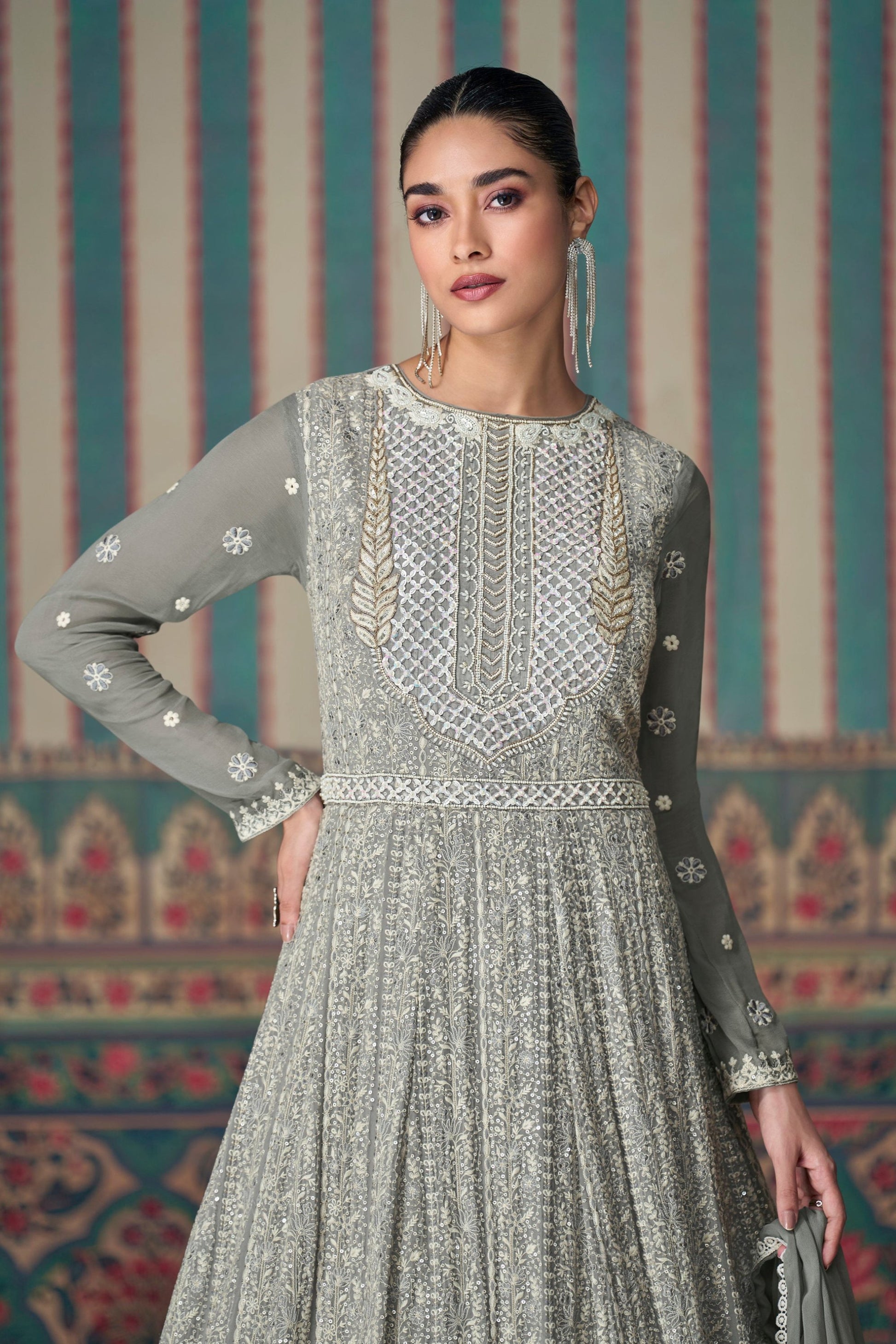 Grey Georgette Designer Anarkali Gown  Suits For Wedding Wear