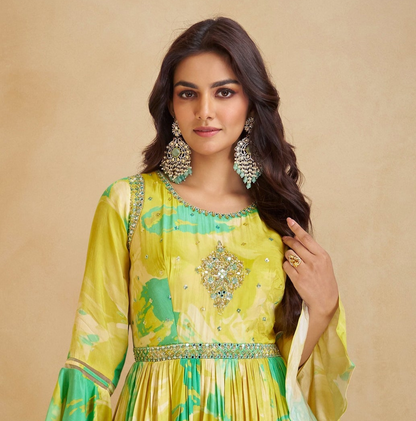 Yellow Anarkali Suit Chinon Silk Short Flower Printed With Net Dupatta Gown