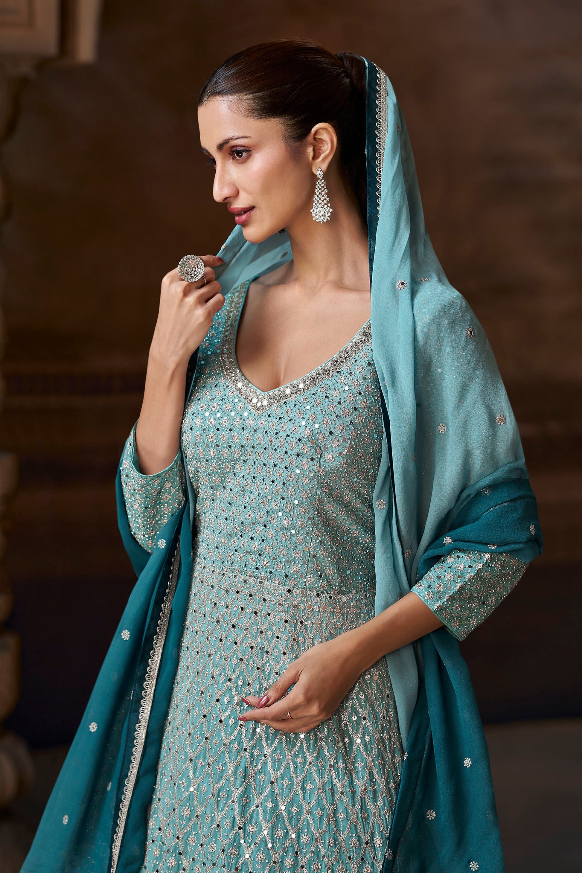 Embroidery Ready-Made Real Georgette Blue Beautiful Party Wear Anarkali Gown Dress 