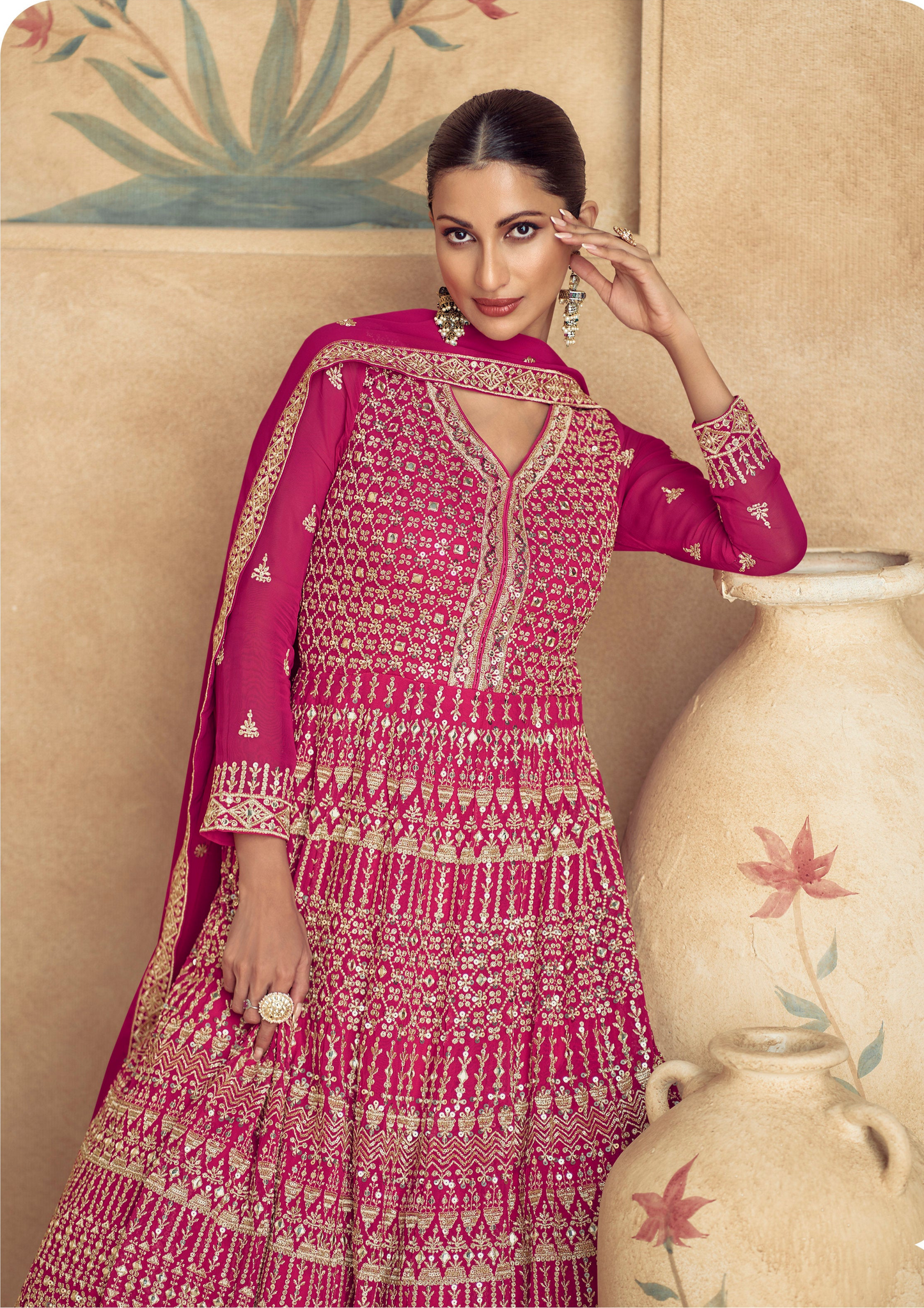 Designer Pink Georgette Anarkali Dress With Dupatta - Ready To Wear