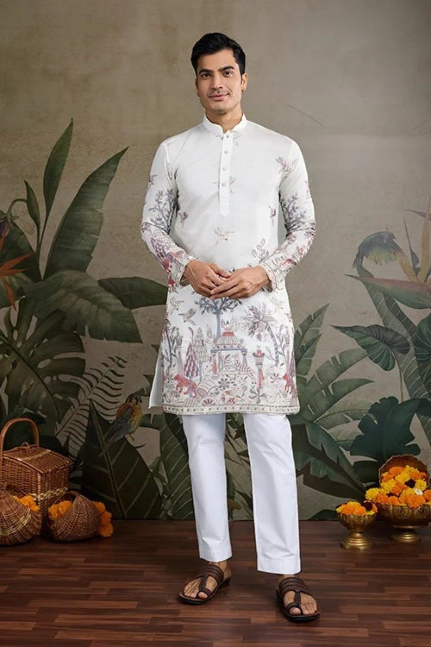 White Color Viscose Silk Kurta Set For Man Real Mirror Work With Matching Pant
