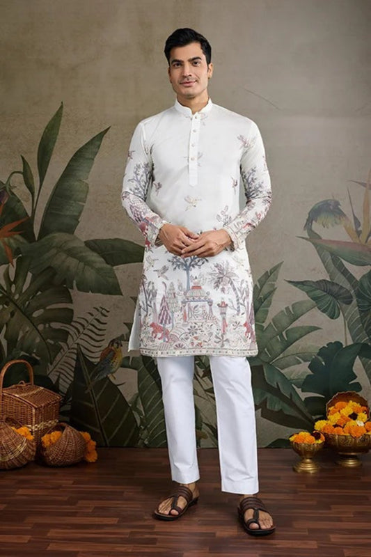 White Color Viscose Silk Kurta Set For Man Real Mirror Work With Matching Pant