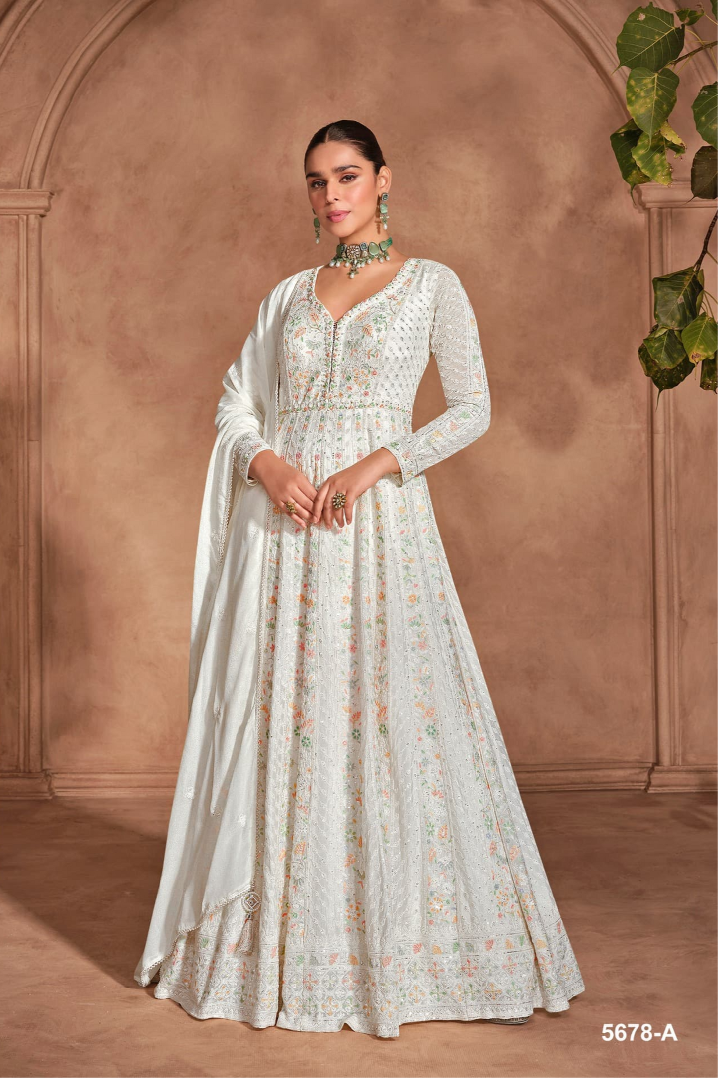 White Elegance Anarkali Gown With Heavy Chinon Embroidery - Front View