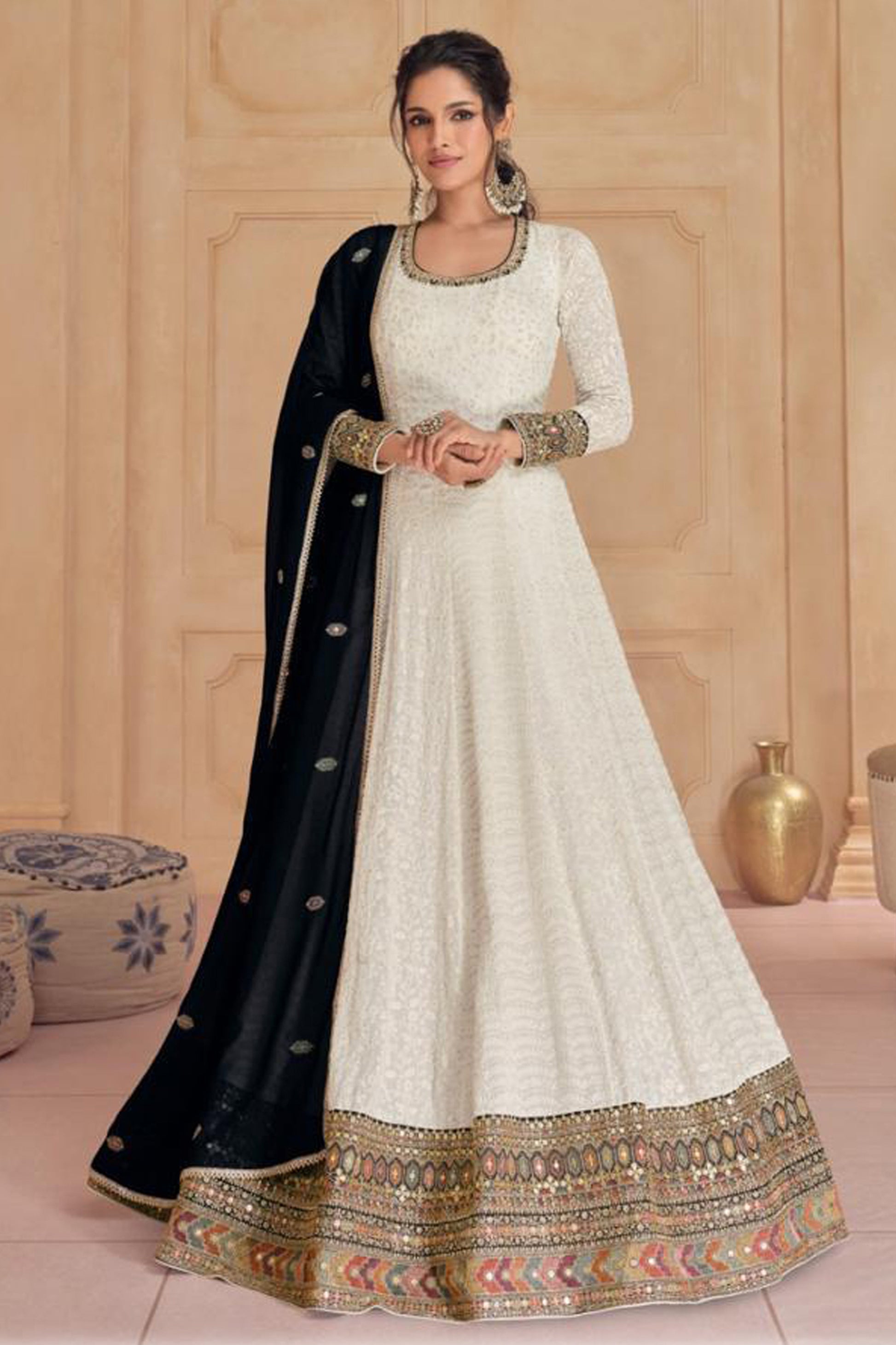 White Embroidered Anarkali Gown Heavy Faux Georgette With Heavy Dupatta For Wedding 