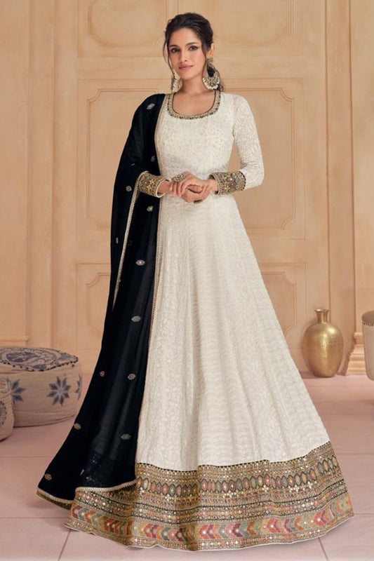 White Embroidered Anarkali Gown Heavy Faux Georgette With Heavy Dupatta For Wedding 