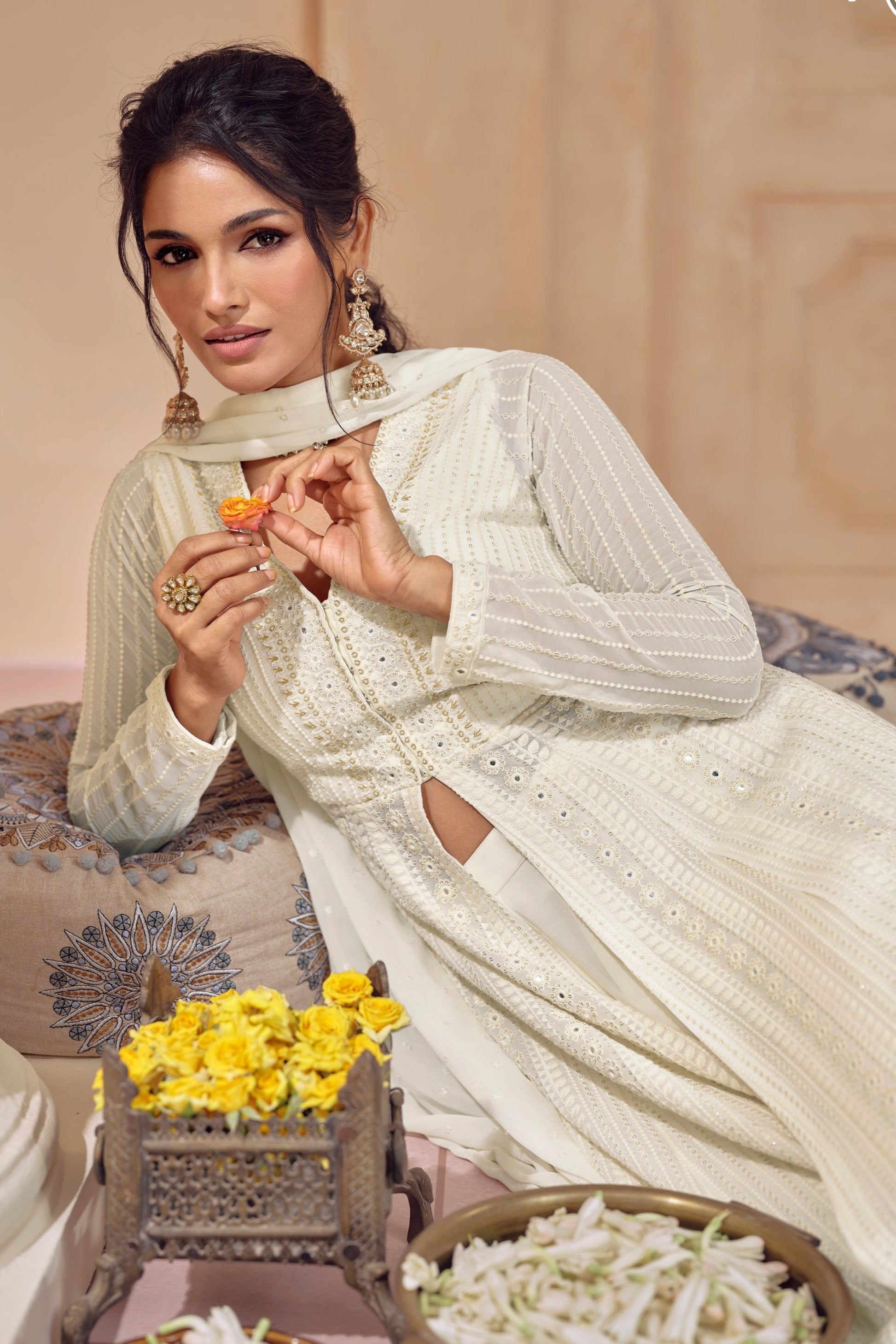 White Real Georgette Anarkali Plazzo Suits For Eid Special Gown Suits 