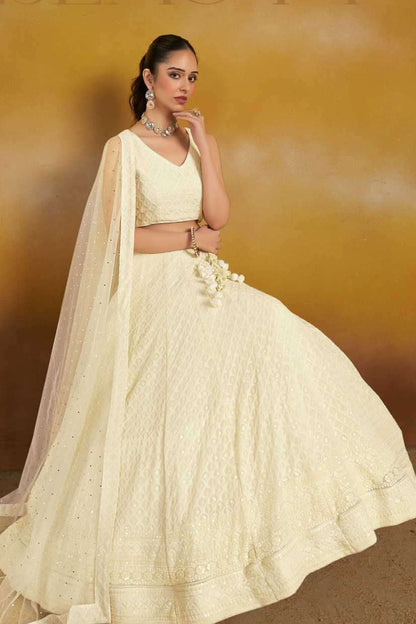 Elegant White Georgette Lehenga With Net Dupatta For Indian Wedding