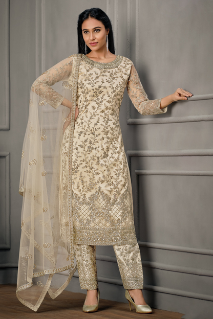 Embroidery Work White Net Fabric Latest Salwar Kameez Suits 
