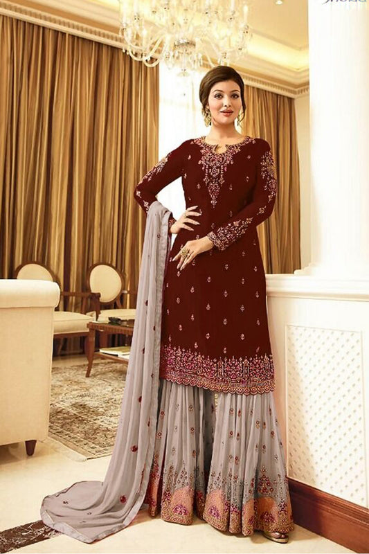 Wine Georgette  Embroidery Work Sharara Suit For Wedding & Festival