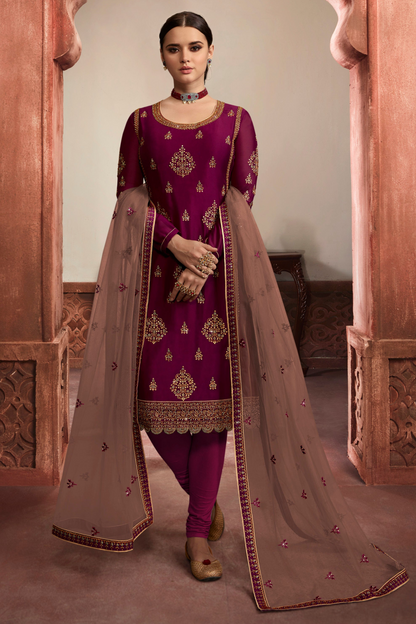 Heavy Embroidery Detail on Wine Georgette Wedding Salwar Suit - Close Up