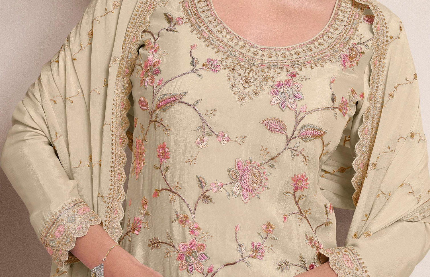 Elegant Indian Ethnic Party Wear Palazzo Suit In Off-White With Floral Embroidery