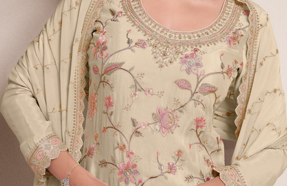 Elegant Indian Ethnic Party Wear Palazzo Suit In Off-White With Floral Embroidery