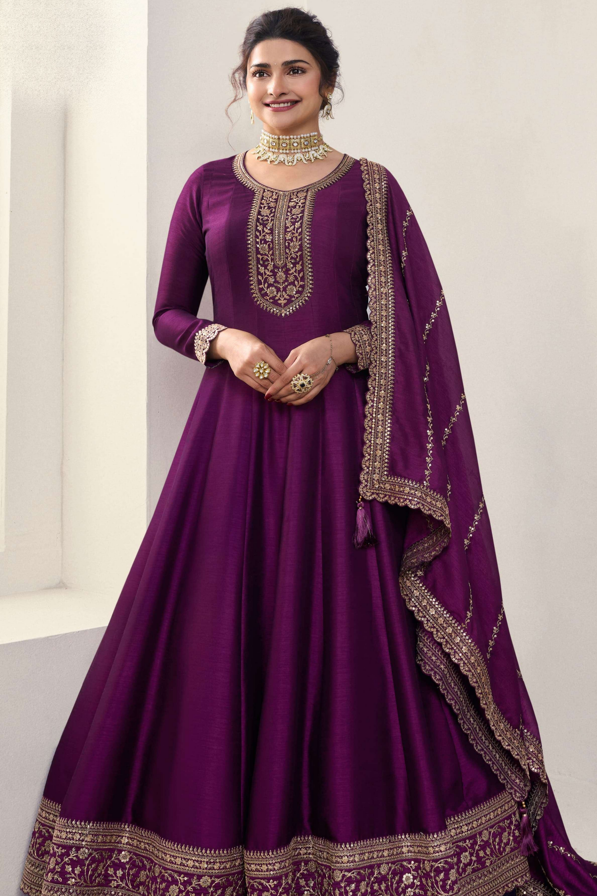 Wine Anarkali Suit Embroidered Silk Georgette With Dupatta For Parties