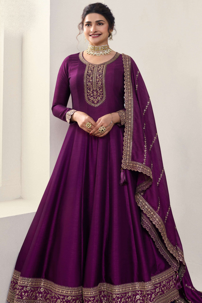 Wine Anarkali Suit Embroidered Silk Georgette With Dupatta For Parties
