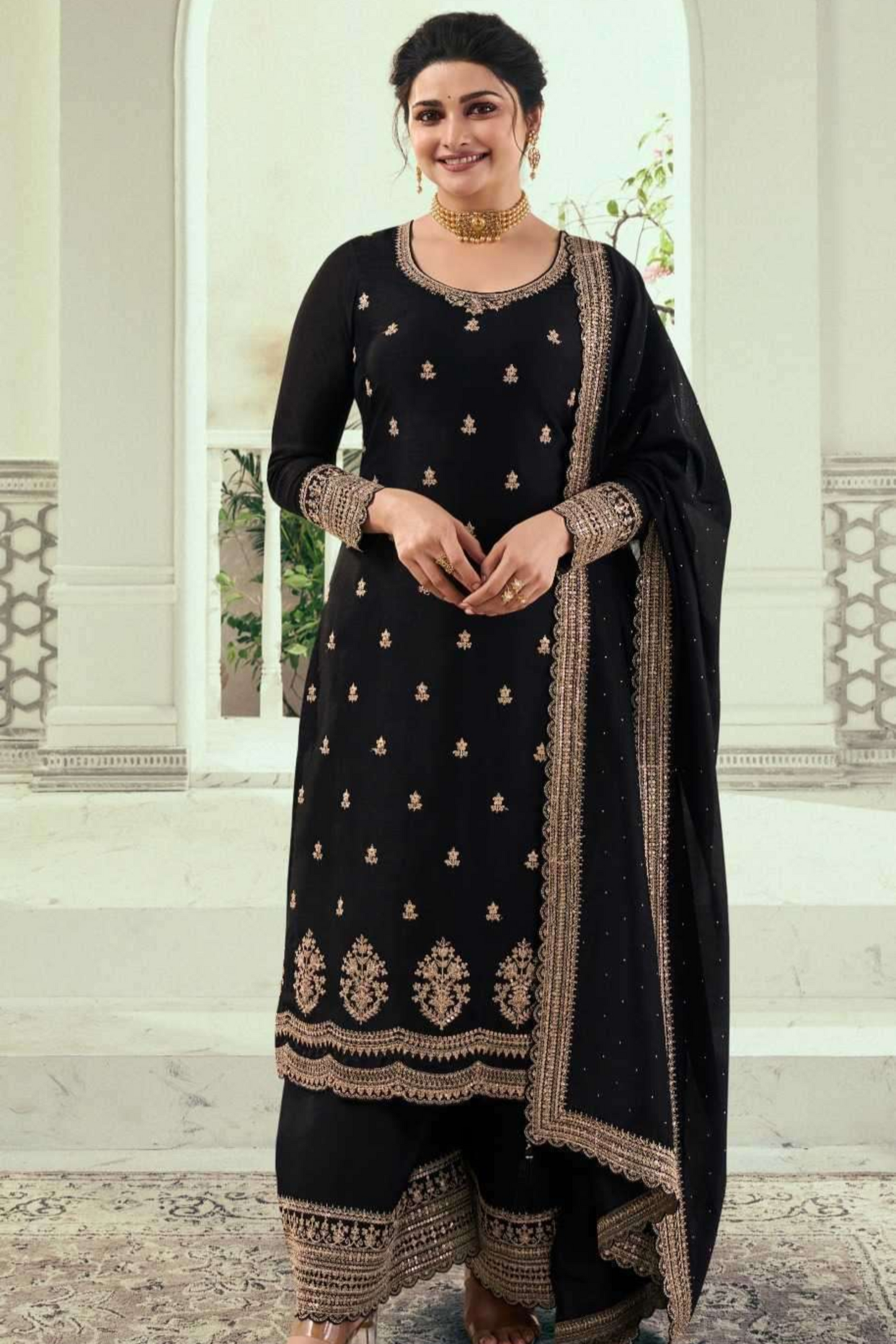 Black Georgette Silk Salwar Kameez Palazzo Suit with Embroidery for Women - Indian Ethnic Wear