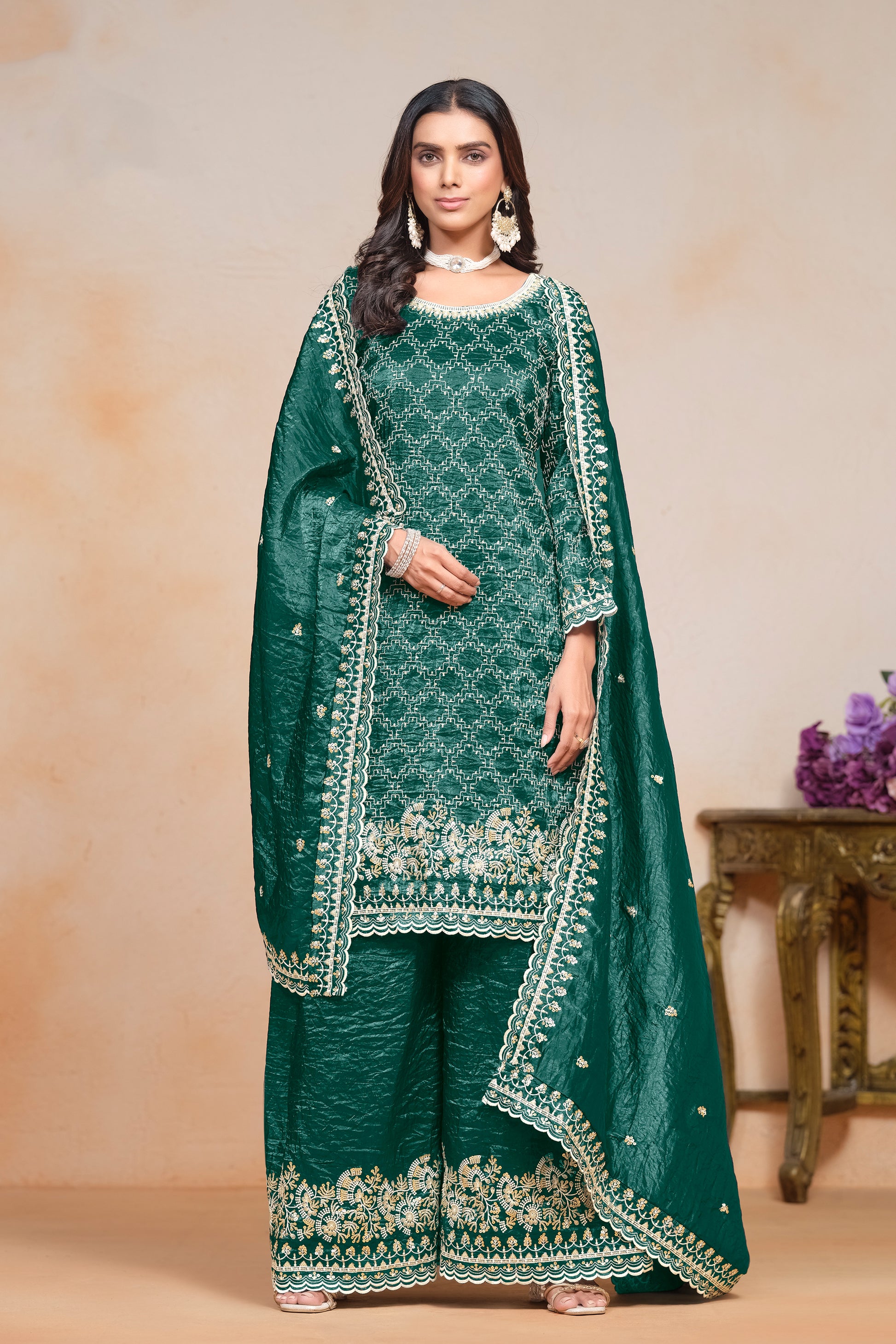 Designer Party Wear Green Organza Women’s Suit