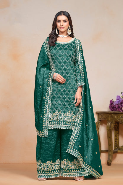 Designer Party Wear Green Organza Women’s Suit