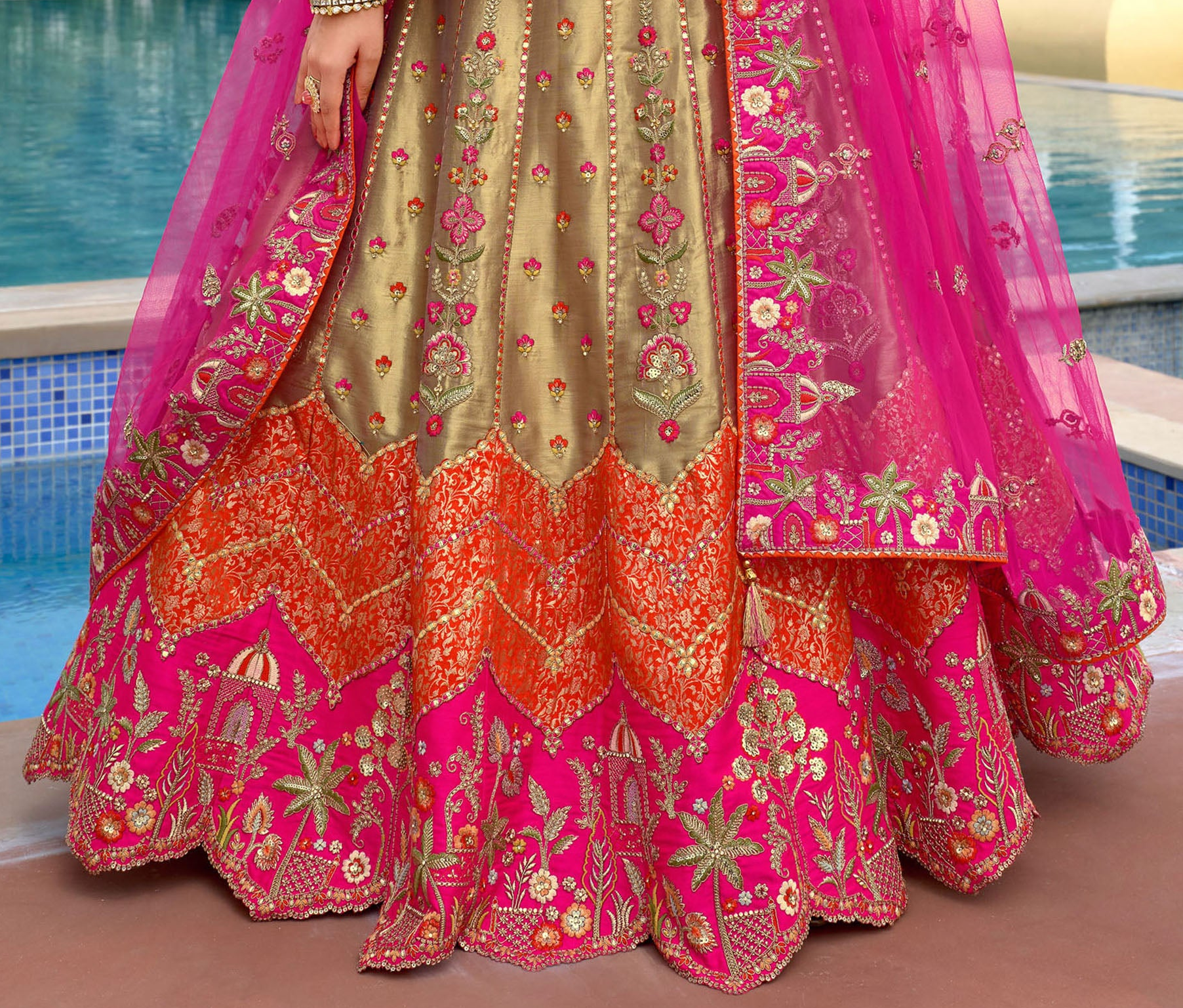 Close-Up Of Heavy Embroidery Work On Bridal Lehenga Choli Blouse