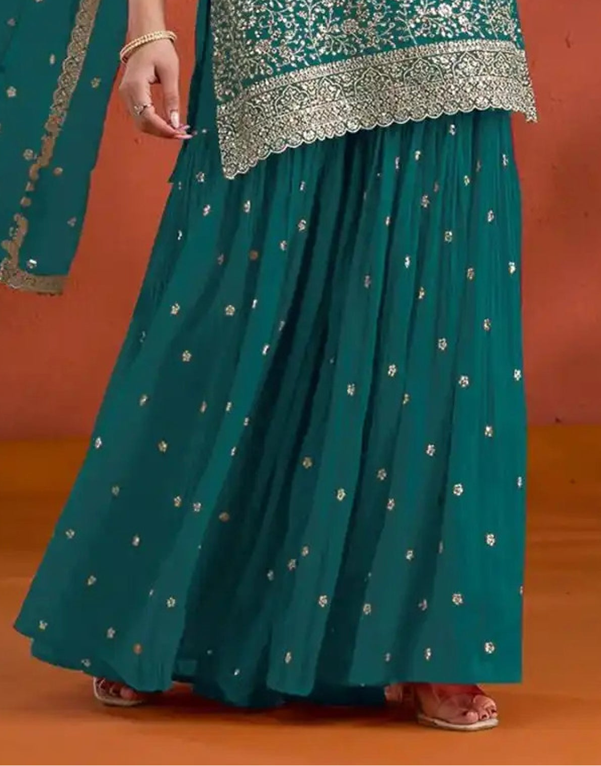 Pakistani Designer Salwar Kameez - Teal Georgette Palazzo Suit With Dupatta - Ethnic Bridal Wear