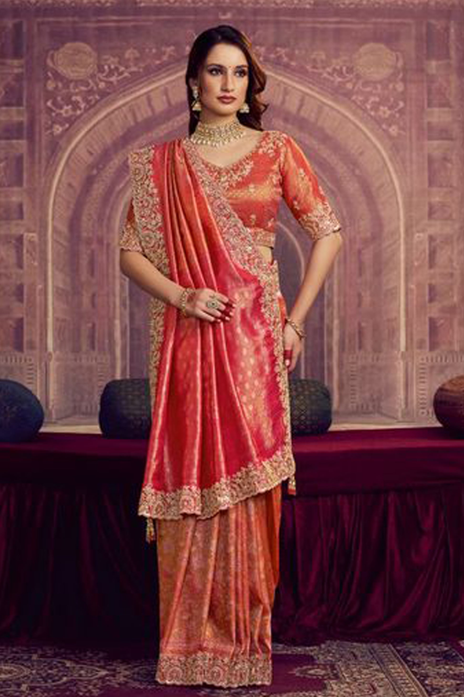 Woman Wearing Elegant Bollywood Style Saree With Blouse - Indian Party Wear USA