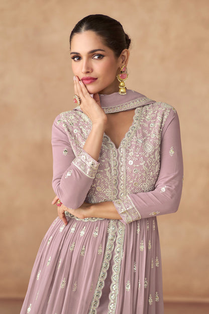 A Woman Modeling Traditional Lavender Anarkali Dupatta Dresses