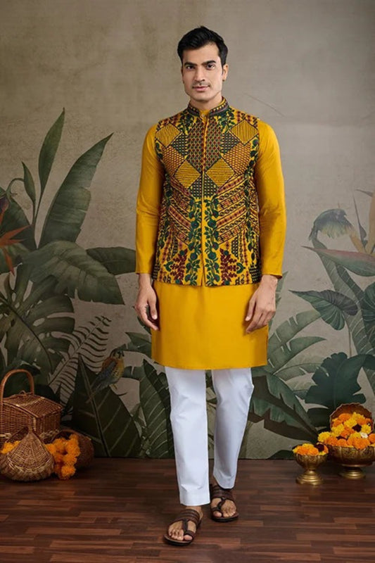 Affordable Yellow Color Viscose Silk Kurta Set For Man Real Mirror Work With Matching Pant