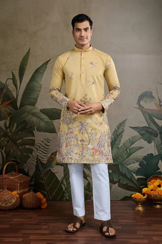 Affordable Peach Color Viscose Silk Kurta Set For Man Real Mirror Work With Matching Pant