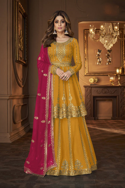 Yellow Real Georgette Embroidery Work Lehenga For Indian-Pakistan Wedding