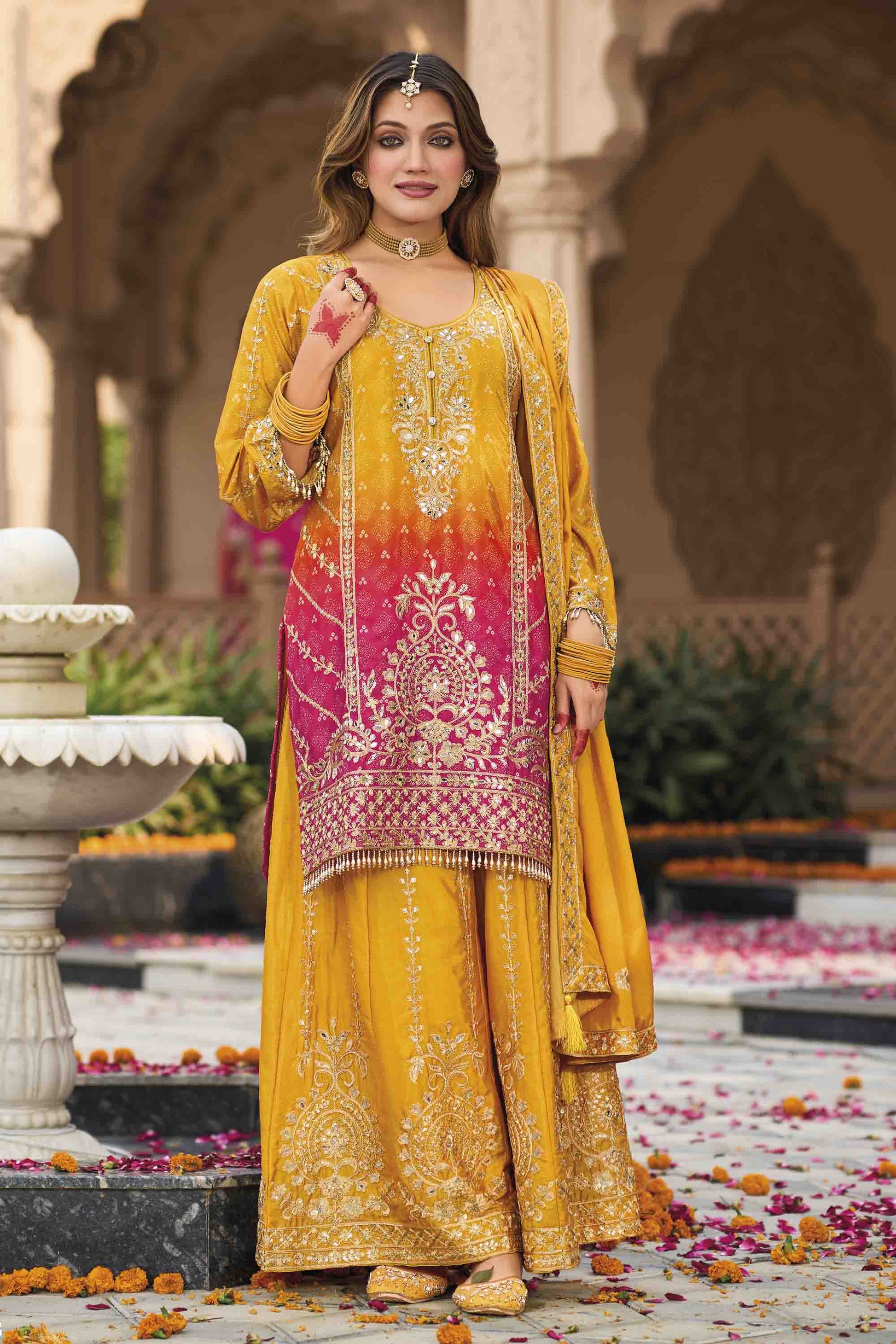 Yellow Embroidered Chinon Salwar Kameez Palazzo Set For Haldi Ceremony - Front View