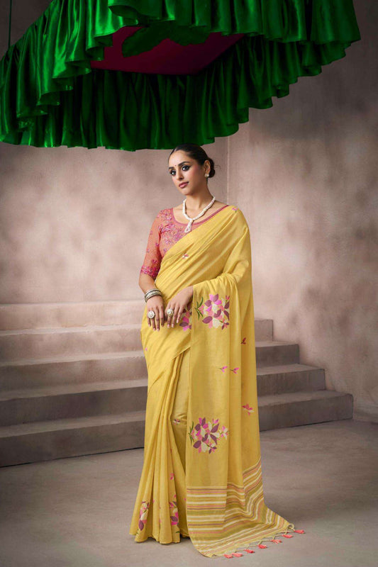 Yellow Designer Saree With Embroidered Border And Stitched Blouse For Weddings USA