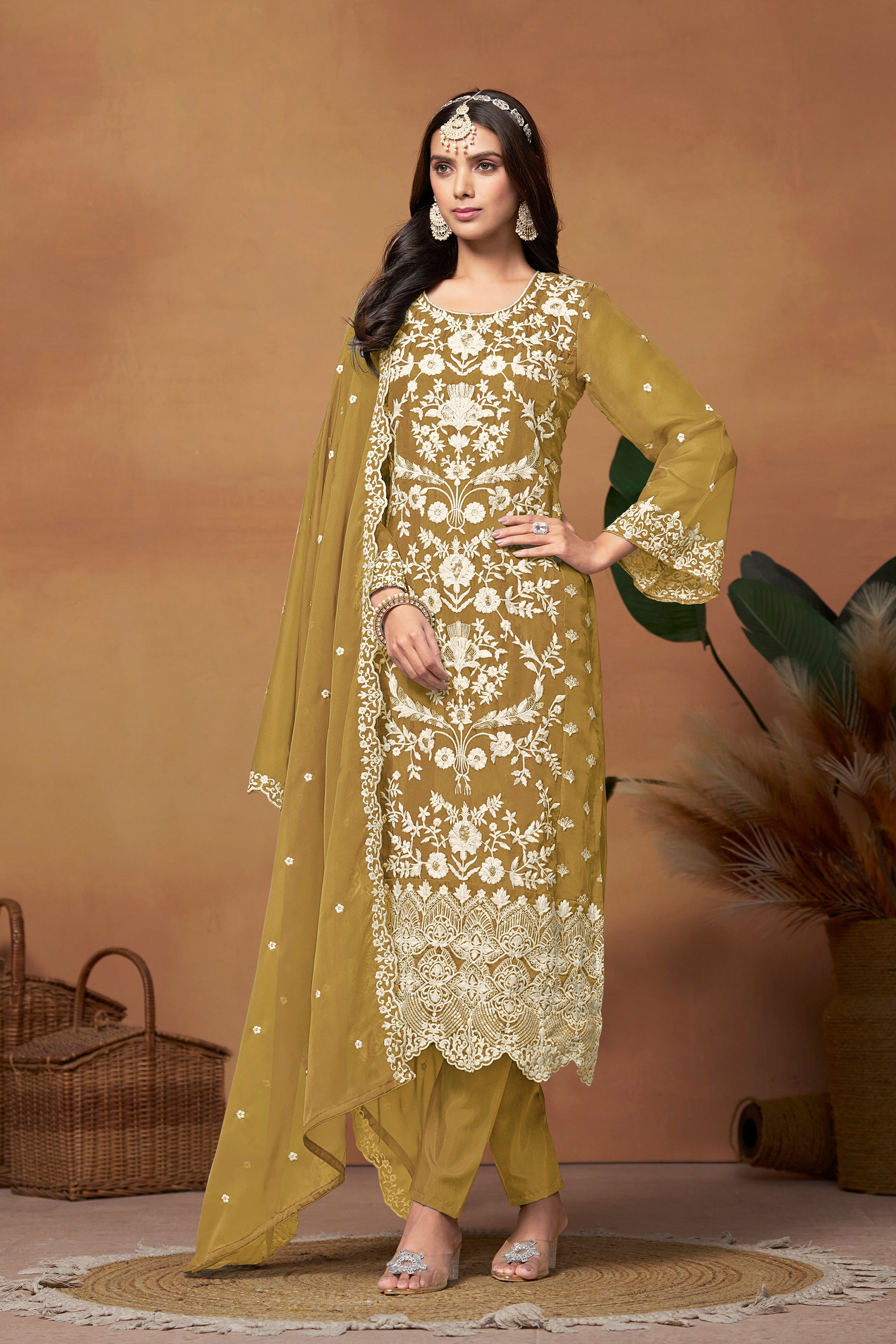 Yellow Soft Organza Salwar Kameez Suit With Embroidery Work For Weddings And Parties